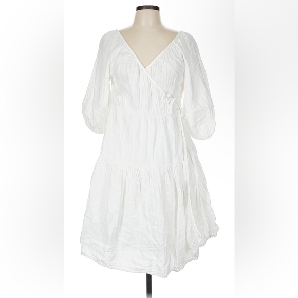 Solid White Wrap Dress Spring Puff Sleeves Cotton Gauze XS Small Medium Large - Picture 2 of 6